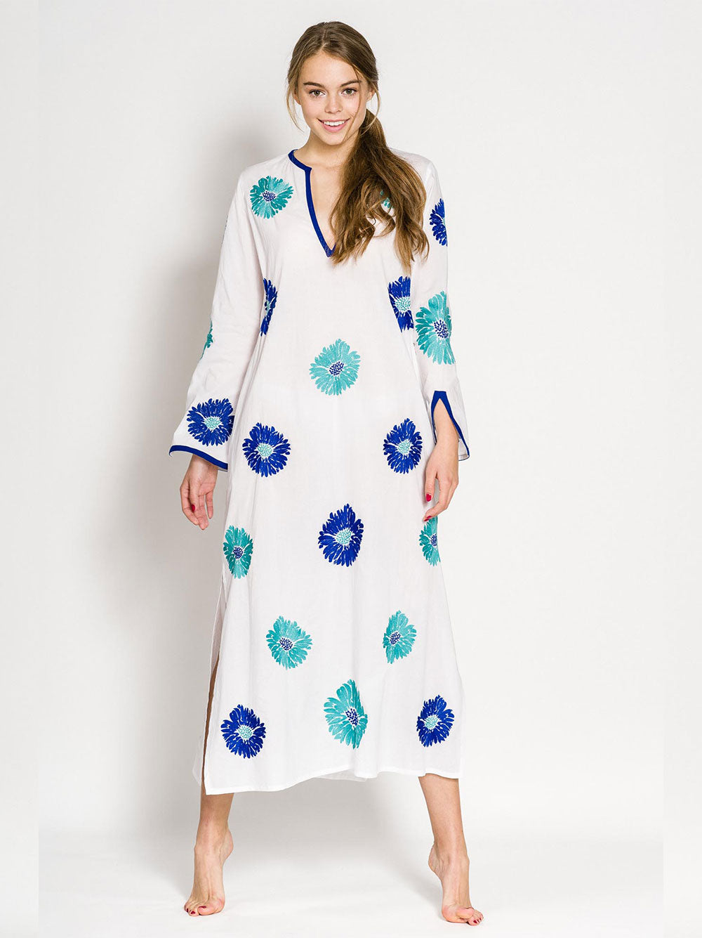 WHITE LADY KAFTAN COTTON WHITE FLOWER TURQ./BLUE