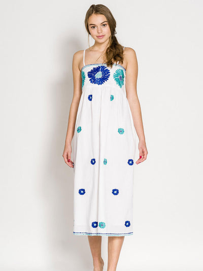 GIN BEE DRESS COTTON WHITE FLOWER TURQ./BLUE